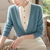 Womens Blue Fake Two Piece Sweater Year Autumn Elegant Knit Top Stand Collar Shirt