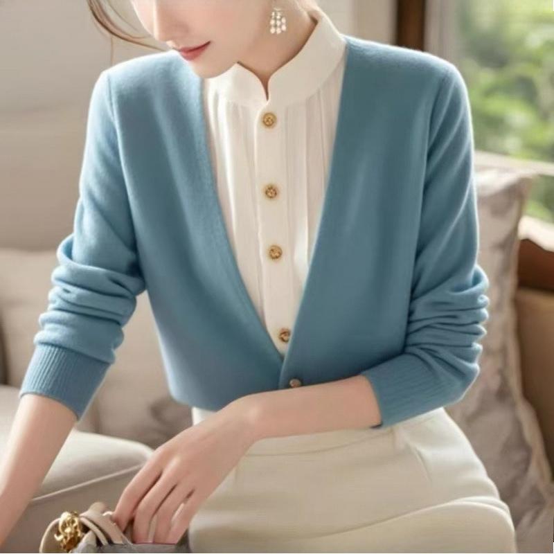 Womens Blue Fake Two Piece Sweater Year Autumn Elegant Knit Top Stand Collar Shirt