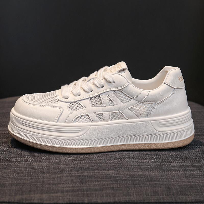 Summer mesh breathable hollow soft leather little white shoes women's shoes 2025 new thick-soled heightening casual sports board shoes