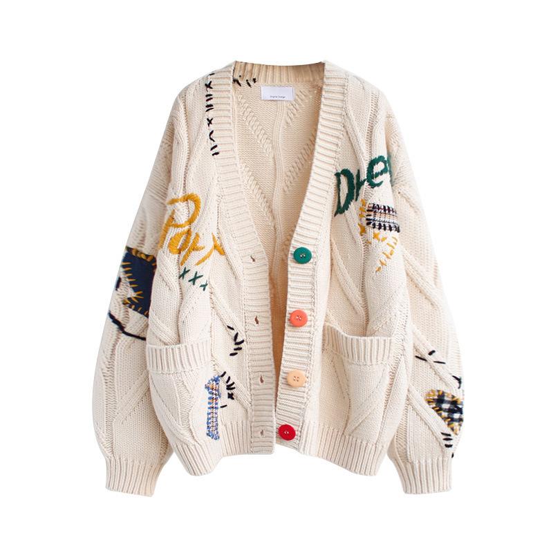 Podzimní a zimní dámský svetr móda líný vítr vyšívaný svetr dopisní design volná pletená bunda cardigan