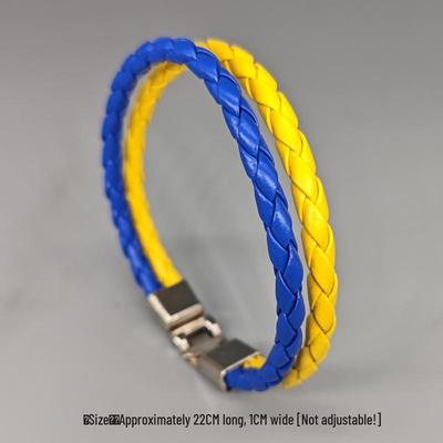 Ukrainian Flag Braided Leather Bracelet: Blue & Yellow Color-Blocked Bangle with Clasp.