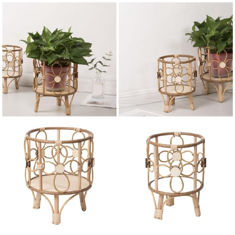 Rattan Indoor Plant Stand Straw Woven Flowers Pots Holder Stool with Legs Floor Planter Baskets Rack Wood Plant Shelf