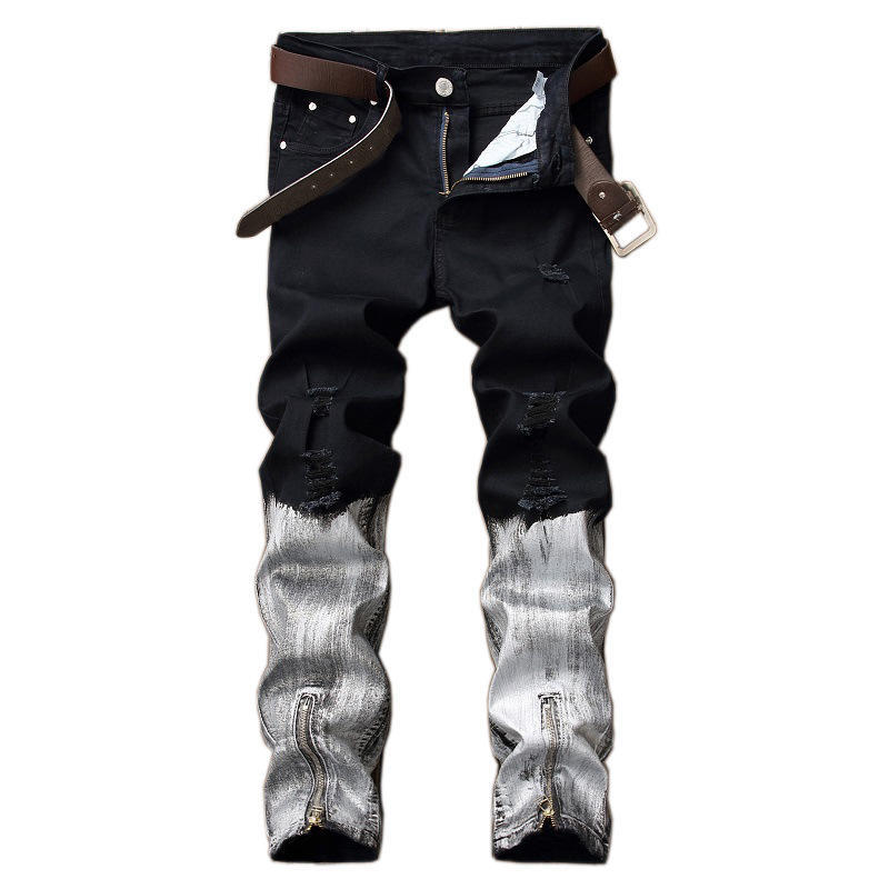 European And American New Cut Denim Jeans With Men'S Ripped Cuffs And Zipper Coating