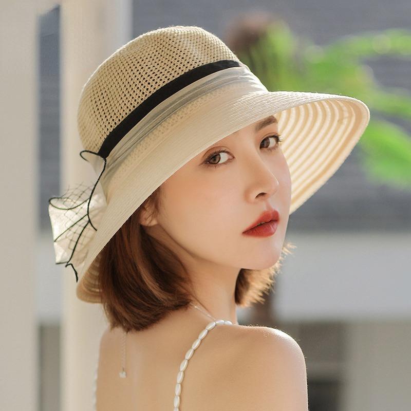 Hats Womens Summer Large Organza Brim Splicing Sun Hat Flowers Fashion Sun Hat Holiday Beach Hat Tide
