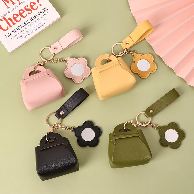 Korean Style Creative PU Leather Keychain: Mini Mirror, Storage Bag, Solid Color Wallet