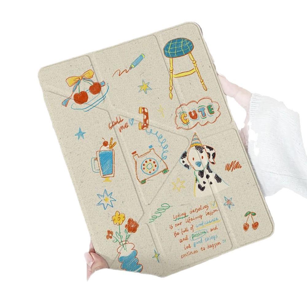 ins style retro illustration for iPad Pro11 inch Y folded edge sticker tablet protective case with pen slot anti-drop soft case