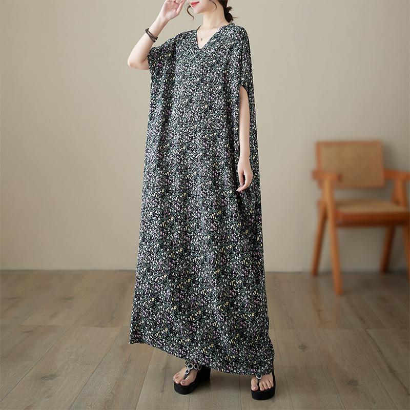 DIMANAF 2024 Plus Size Summer Beach Long Dress Women V-Neck Floral Print Holiday Fashion Casual Short Sleeve Loose Dress 677