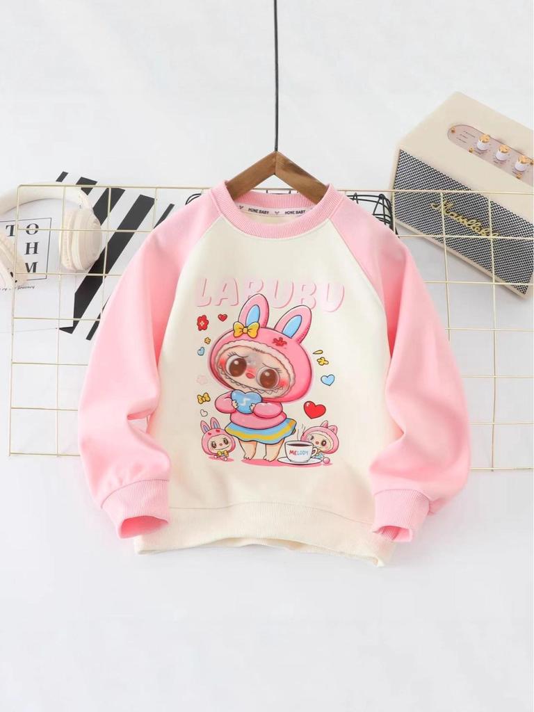 Labubu Girls' Cartoon Raglan Sleeve Sweatshirt - Spring/Autumn, Korean Style, UV Protection