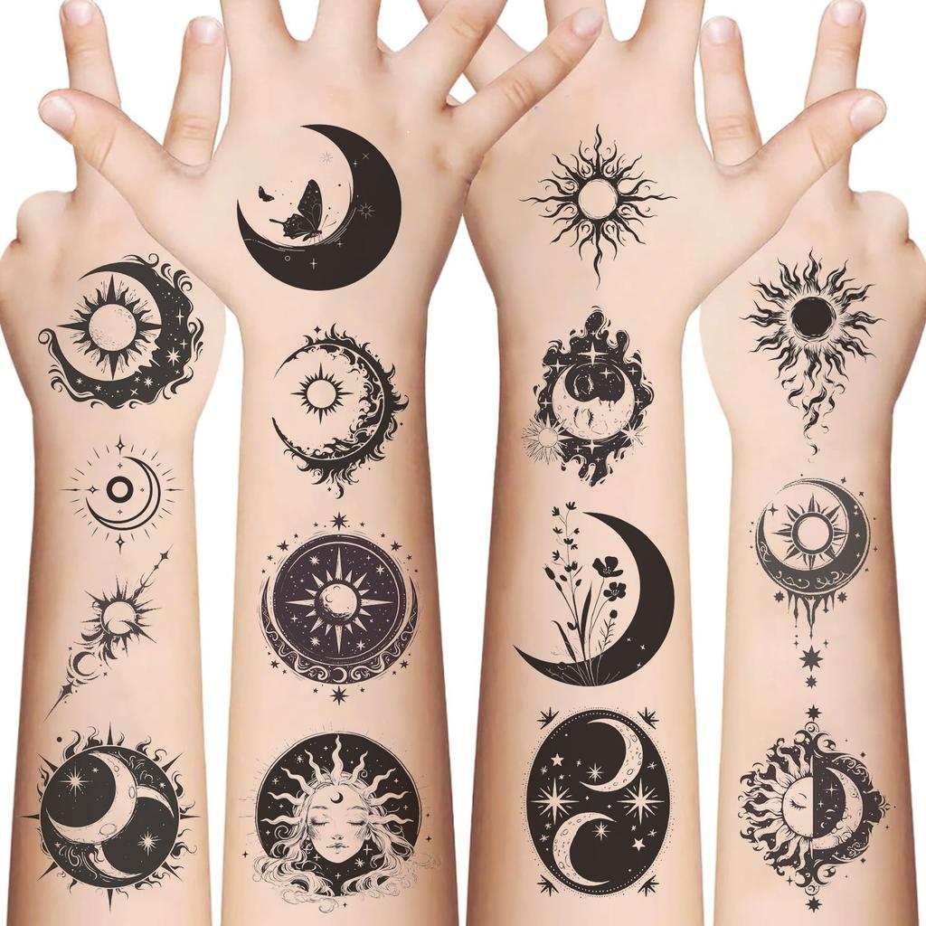 New Black and White Sun and Moon Tattoo Stickers Waterproof Party Gift Funny Face Stickers