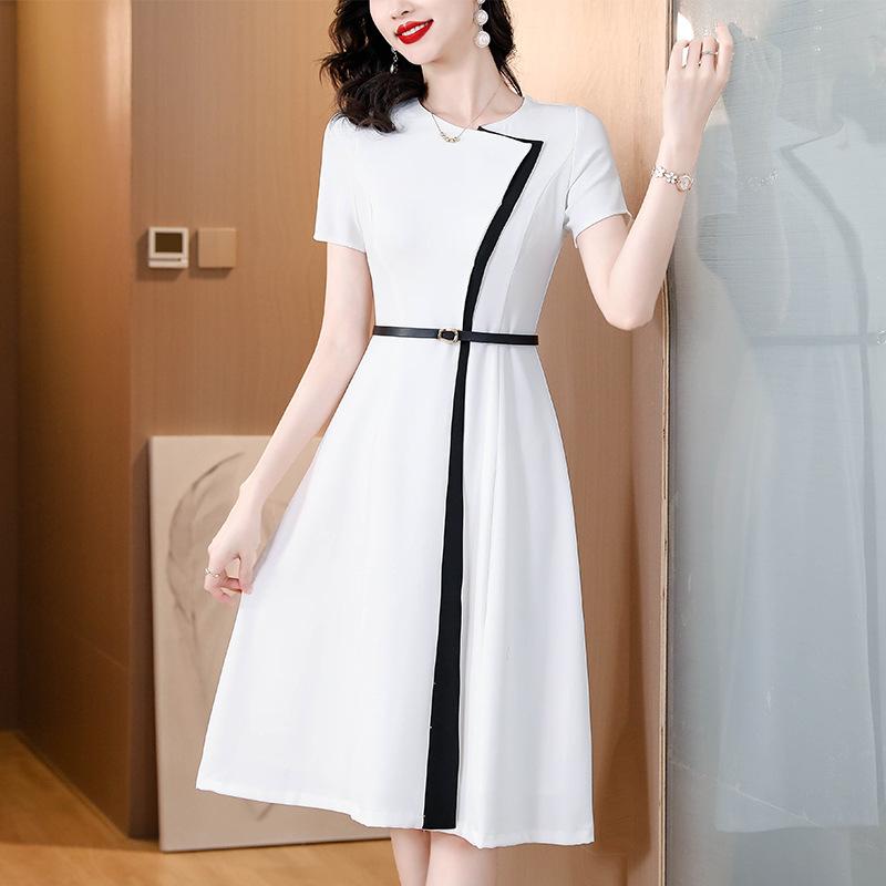 Mom's Color-blocking Dress for Women In Summer New Style with Small Versatile White Short-sleeved Long Skirt