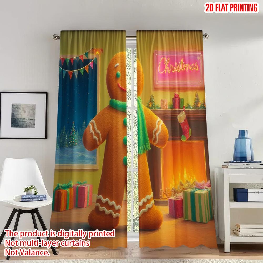 

Set Of 2 Flat Printing Popular Christmas Curtains Cozy Gingerbread Fireplace Scene Digital Printed Polyester Drapes Curtain Made W100*H70(CM)-Hooks&2PCS