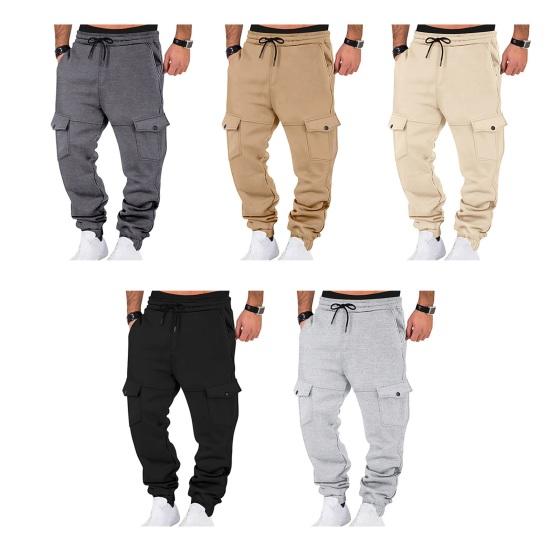 Men Winter Sweatpants Thickened Cargo Pants Warm Casual Baggy Trousers Drawstring Waist Jogger Pants