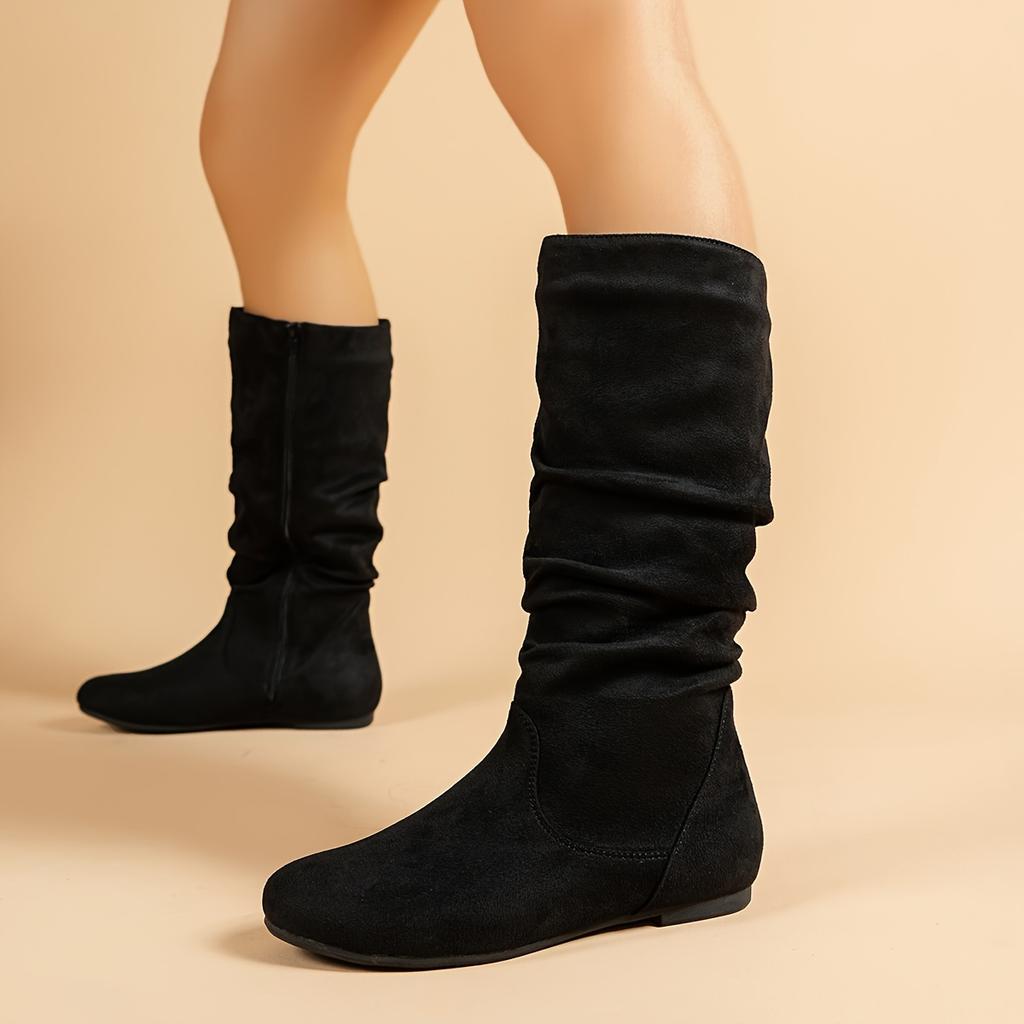 Women'S Solid Color Trendy Boots, Side Zipper Casual Flat Mid Calf Boots, Minimalist Round Toe Boots