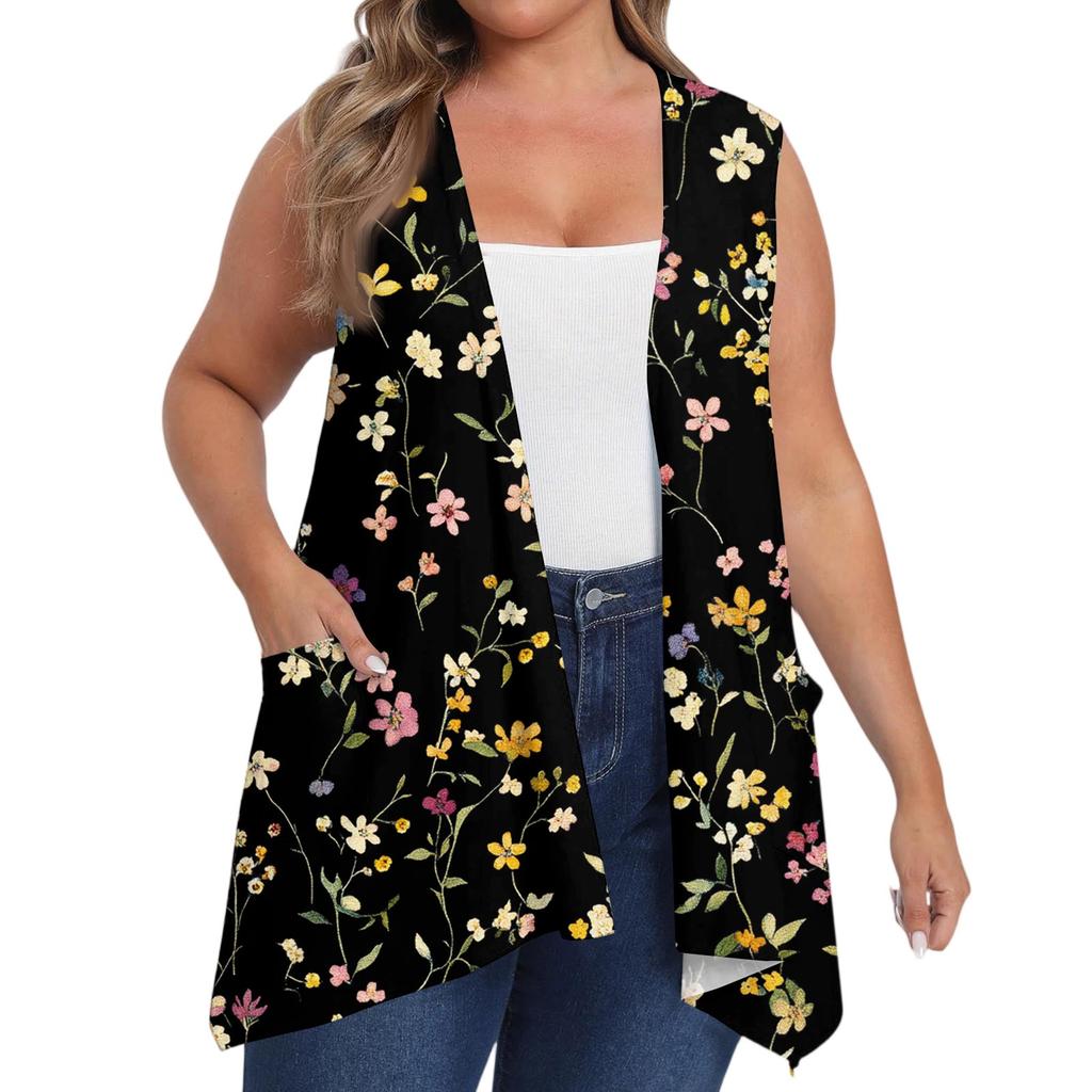 Women's Oversized Loose Casual Printed Sleeveless Vest With Pocket Cardigan Jacket Cardigan Jacket