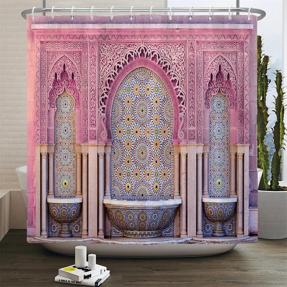 3D Moroccan Style Shower Curtain European Architectural Landscape Printed Waterproof Polyester Bathroom Curtain Decor With Hooks