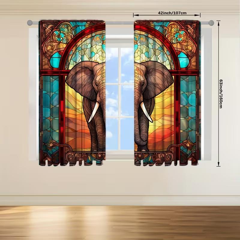 Set Of 2 Elephant Print Curtains Suitable Bedroom Living Room Kitchen Decoration Home Window Curtain Polyester Ideal For Great