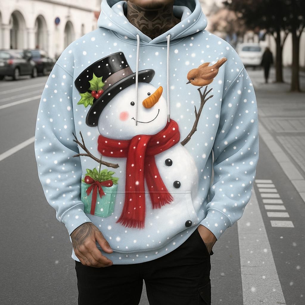 Men's Christmas Snowman 3D Print Hoodie, Autumn/Winter Holiday Theme Design, Fleece-Lined Thick Long Sleeves, Perfect for Casual Holiday Attire.