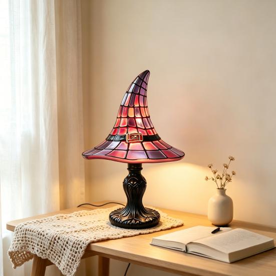 Decorative Desk Lamp Handcrafted Stained Glass Witch Hat Lamp, USB Powered Gothic Wizard Night Light, Retro Resin Accent with Purple Amber Mosaic,