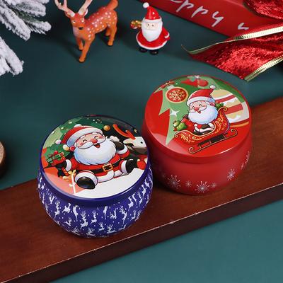 1Pcs Christmas Tinplate Round Candy Tin Can Candle Jars With Lid Candle Container Empty Box Cookie Candy Storage Gift Case