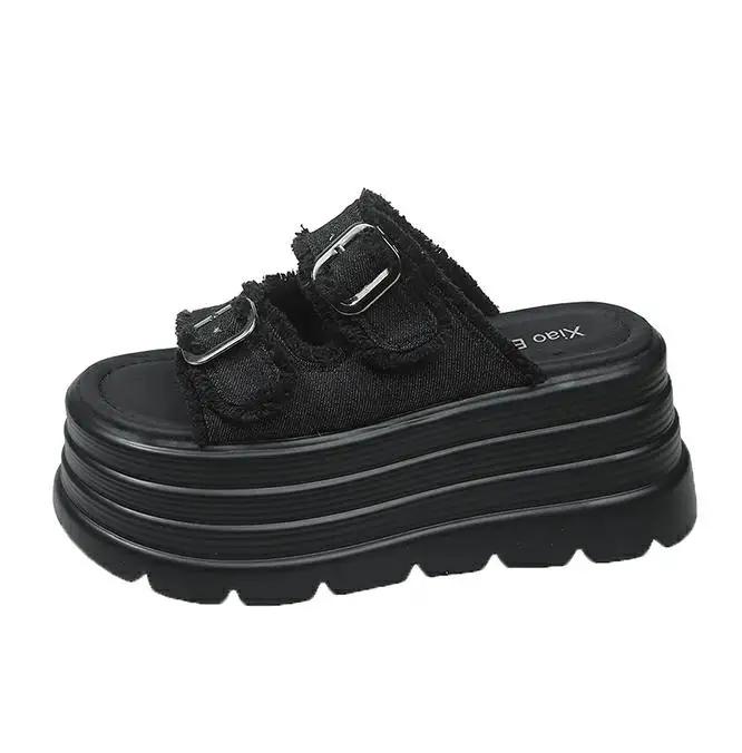 Fashion 8CM Chunky Platform Canvas Sandals Women Thick Bottom Wedges Slippers Female New Summer Non Slip Beach Shoes Woman Buckle Slides