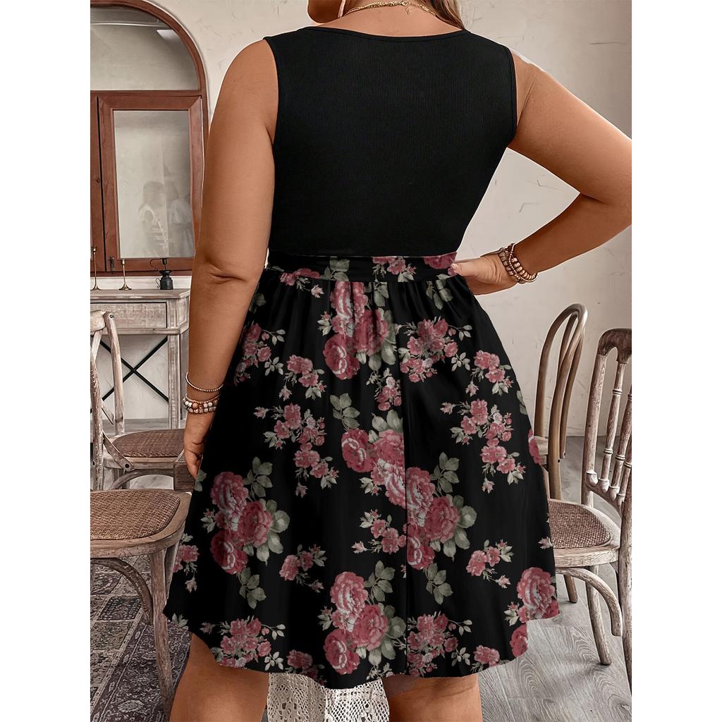 Women's Fashionable Casual Color Blocked Printed Sleeveless Waist Dress In Large Size