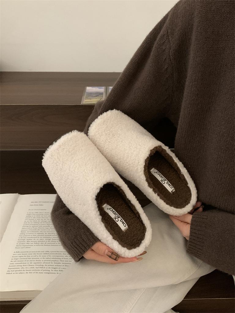 Retro Lamb Wool Plush Slippers Women's Outer Wear 2025 New Small Fragrant Splicing Lazy One-pedal Cotton Mop