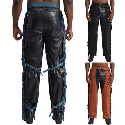 Mens Western Suede Fringe Cowboy Pants with Open Crotch Detail for Halloween Dress Up Party Costume