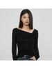 Korean Style Autumn Pleated Slanted Neck Long Sleeve Slimming Women's Top