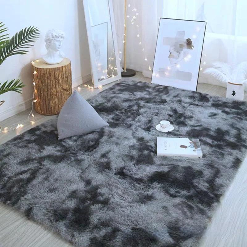 Gradient Tie-dye Carpet Living Room Bedroom Long Hair Washable Cute Net Red Bedside Soft Plush Carpet Mat Anti-slip Floor Mats
