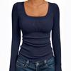 Women‘s Ribbed Square Neck Top, Long Sleeve Slim Fit Basic Shirt for Fall Winter Spring, Casual Crop Tee