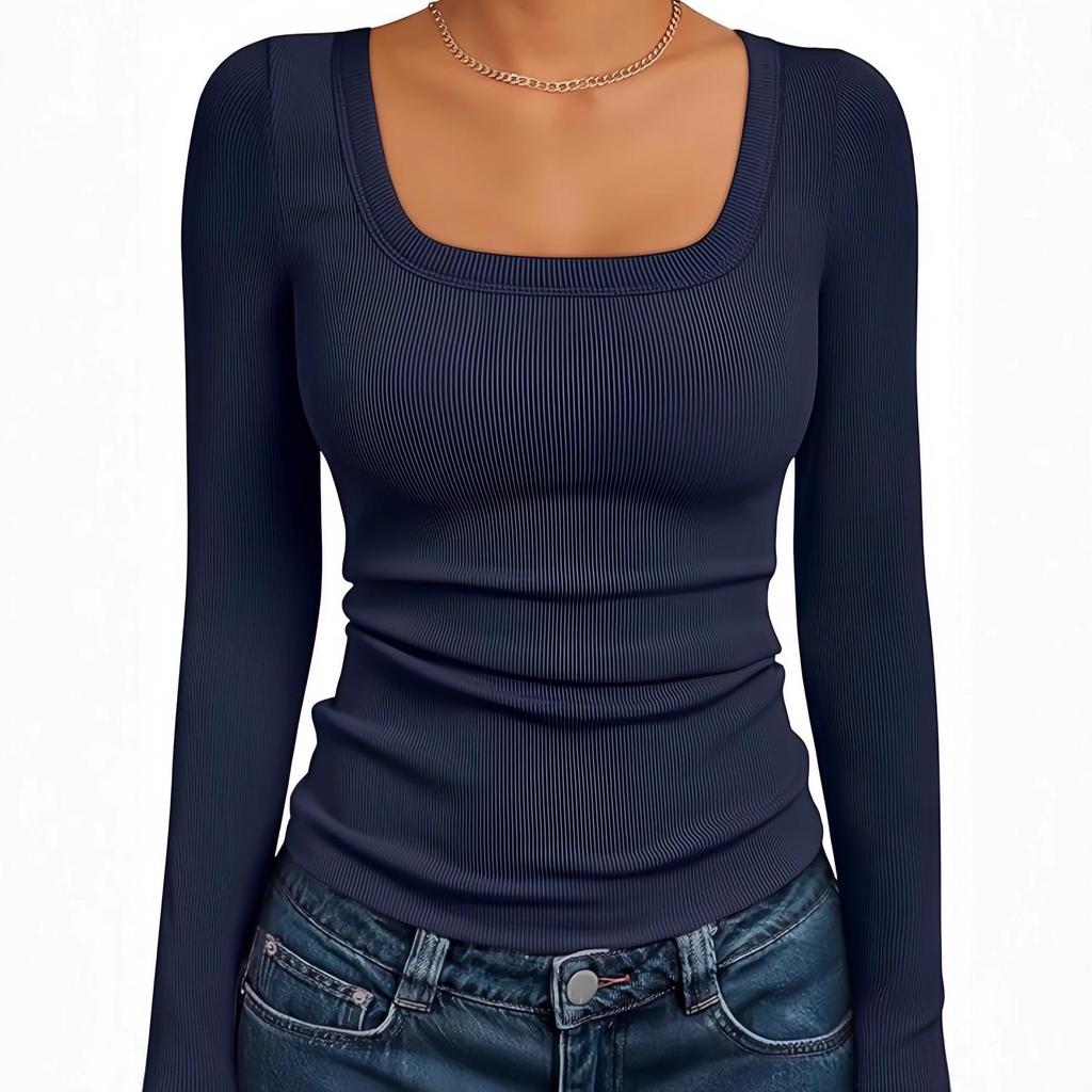 Women‘s Ribbed Square Neck Top, Long Sleeve Slim Fit Basic Shirt for Fall Winter Spring, Casual Crop Tee