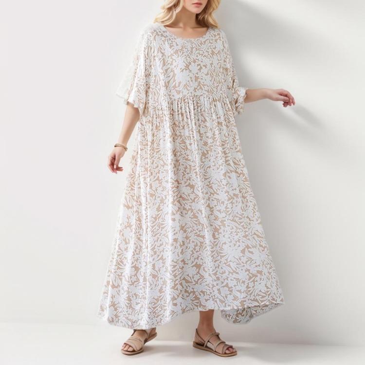Neues Sommerliches Blumen-Maxikleid für Damen Übergröße Vintage-Stil Locker O-Ausschnitt Kurzarm Urlaubs-Kleid