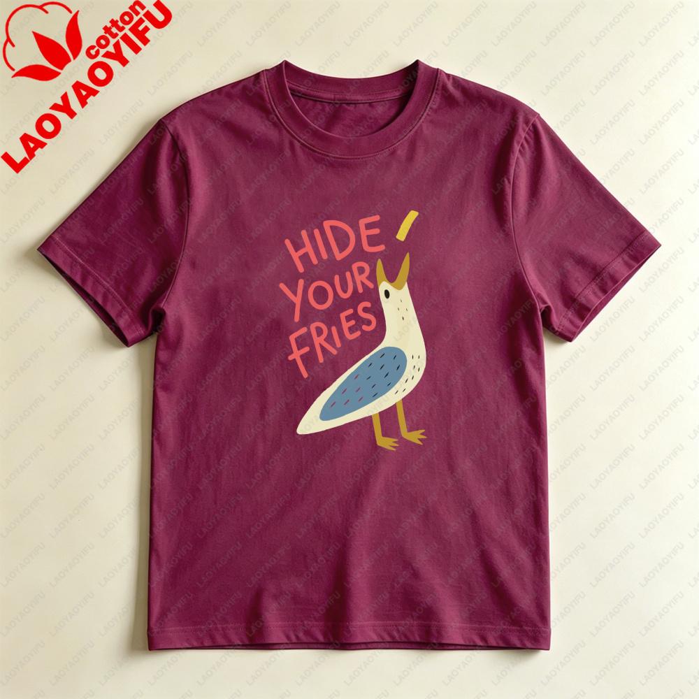 Hide Your Fries Bird Graphic Unisex Tshirt Casual Summer Short Sleeve Cotton Fashion Harajuku Aesthetic Top For Gift Streetwear