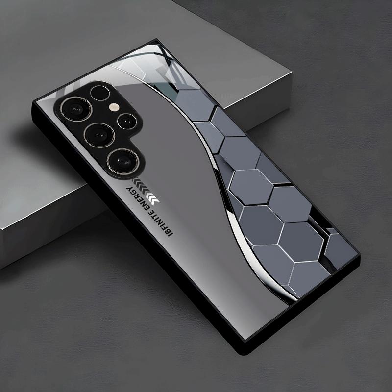 Sidabro pilkas korio rašto juodo grūdinto stiklo telefono dėklas, tinkantis Samsung Galaxy S26 S25 S24 S22 S21 S20FE/Ultra/Plus, apsaugantis nuo kritimo