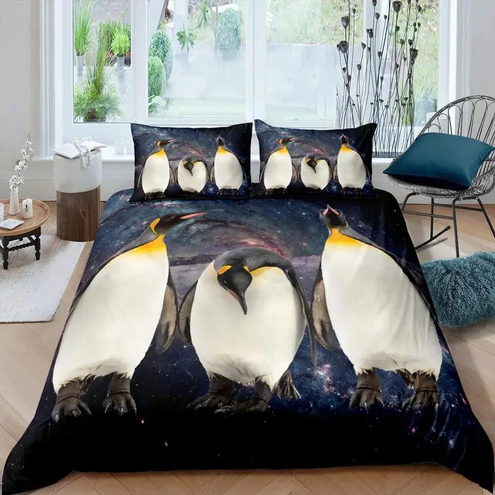 Penguin Duvet Cover Set Antarctic Animals Bedding Set for Kids Boys Girls Cartoon Style King Size Winter Theme Comforter Cover
