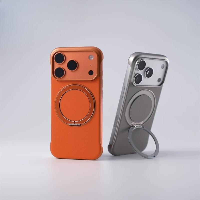 model of frameless leather grain ring holder Magnetic Case For iPhone17 Pro Max 16 15 14 Magsafe Thin Heat Hissipation Cover