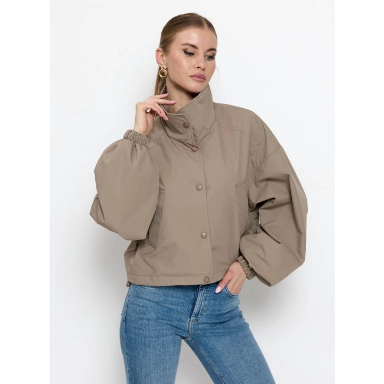 Women's Stand Collar Jacket Button Down Lantern Sleeve Elastic Cuff Pocket Solid Color Casual Coat