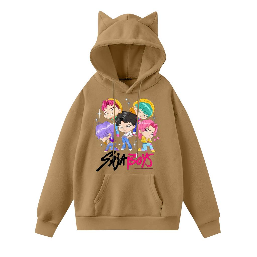 Damemote Casual Langermet trykt Rundhals hettegenser Pullover Topp med lommer