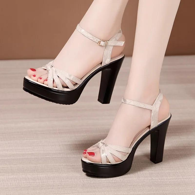 8cm 10cm Big Small Size 32-43 Elegant Thick Block High Heels Sandals Summer 2025 Womens Soft Leather Platform Shoes Office Model