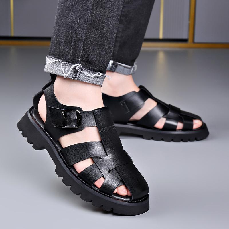 Men's Trendy Retro Style Leather Slip-on Sandals - Breathable, Lightweight, Thick Sole with Buckle