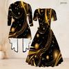 Women Plus Size Two Piece Set Black Printed Square Neck Short Sleeve Tie Waist Flared Dress And 3 4 Sleeve Cardigan