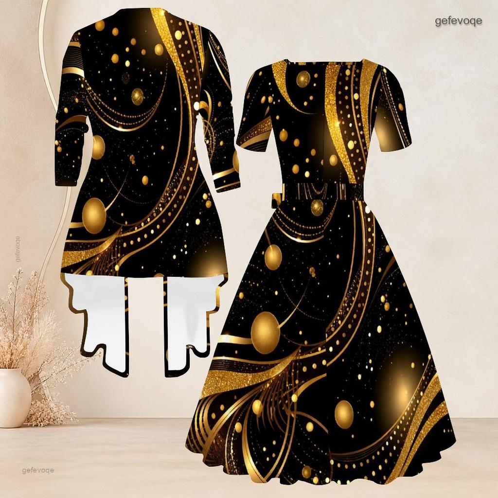 Women Plus Size Two Piece Set Black Printed Square Neck Short Sleeve Tie Waist Flared Dress And 3 4 Sleeve Cardigan