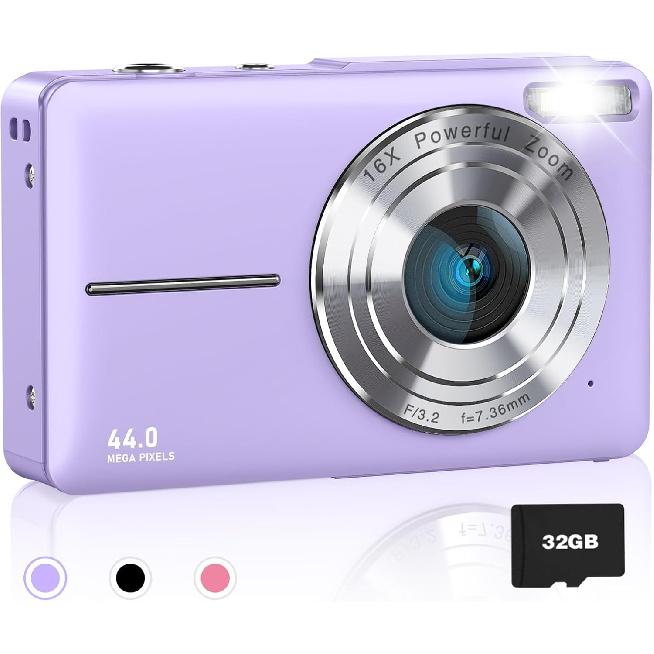 Digital Camera, FHD 1080P Kids Camera, 44MP Point and Shoot Cameras for Pictures with 32GB Card, 16X Zoom, Lanyard, Portable Travel Mini Camera for