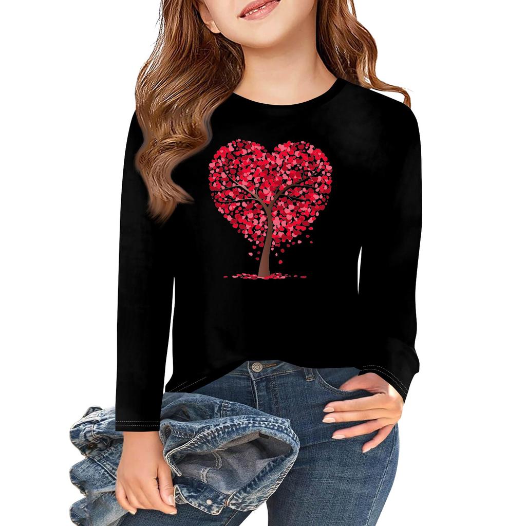 Långärmade T-shirts för flickor med kärlek och alla hjärtans dag-motiv, hösttoppar, rund hals, enkla T-shirts för barn, 5-14 år