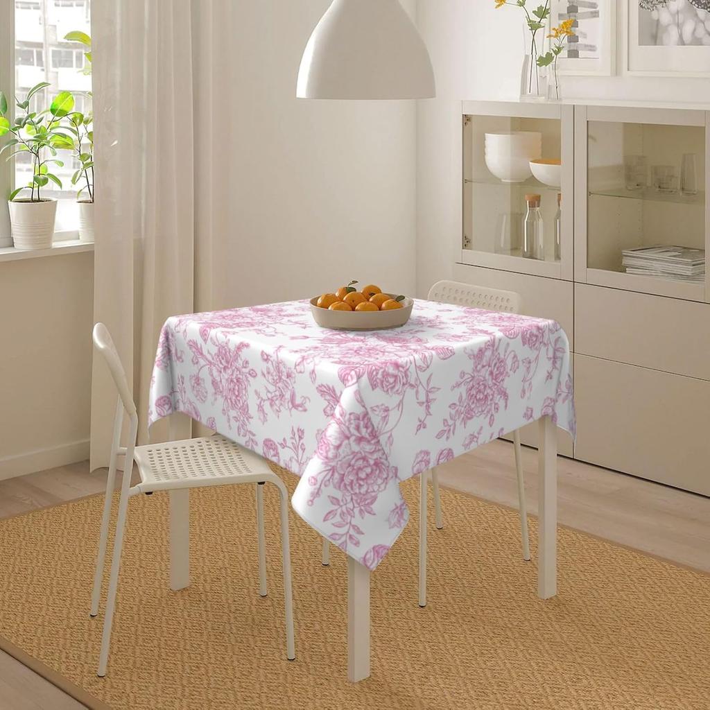 Pink Floral Square Tablecloth Vintage Chinoiserie Flower Decorative Stain Resistant Table Cover for Party Picnic Kitchen