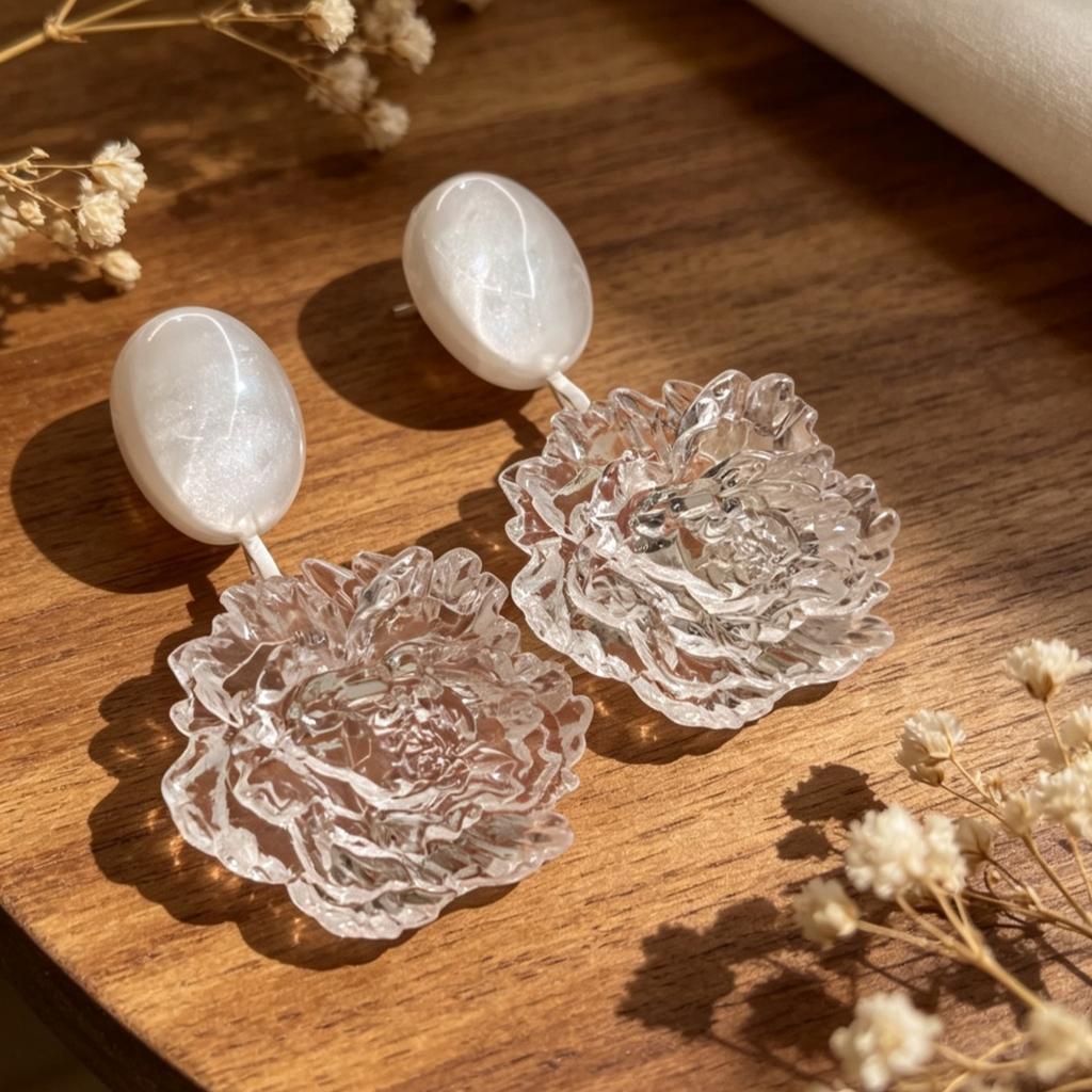 Camellia Fiore di Ghiaccio alla Moda Fiore Tridimensionale Resina di Alta Gamma Luce Lusso Orecchini da Donna di Alta Gamma