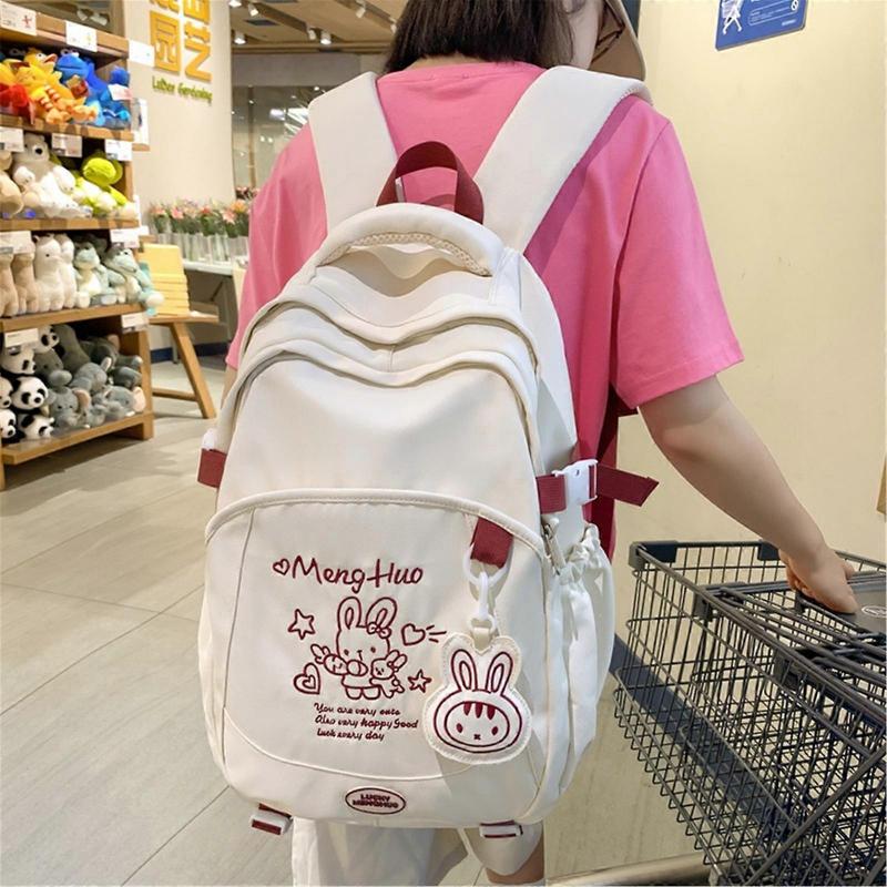 Cartoon Embroidery Backpack Multifunctional Large Capacity Junior High College Student Book Bag for School and Travel  White