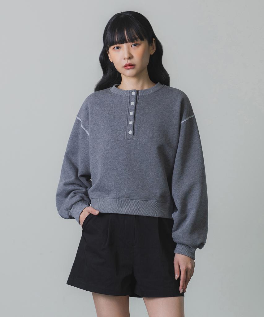 BAKKEN Henley Neck Semi-Crop Sweatshirt Bk5965_Gray