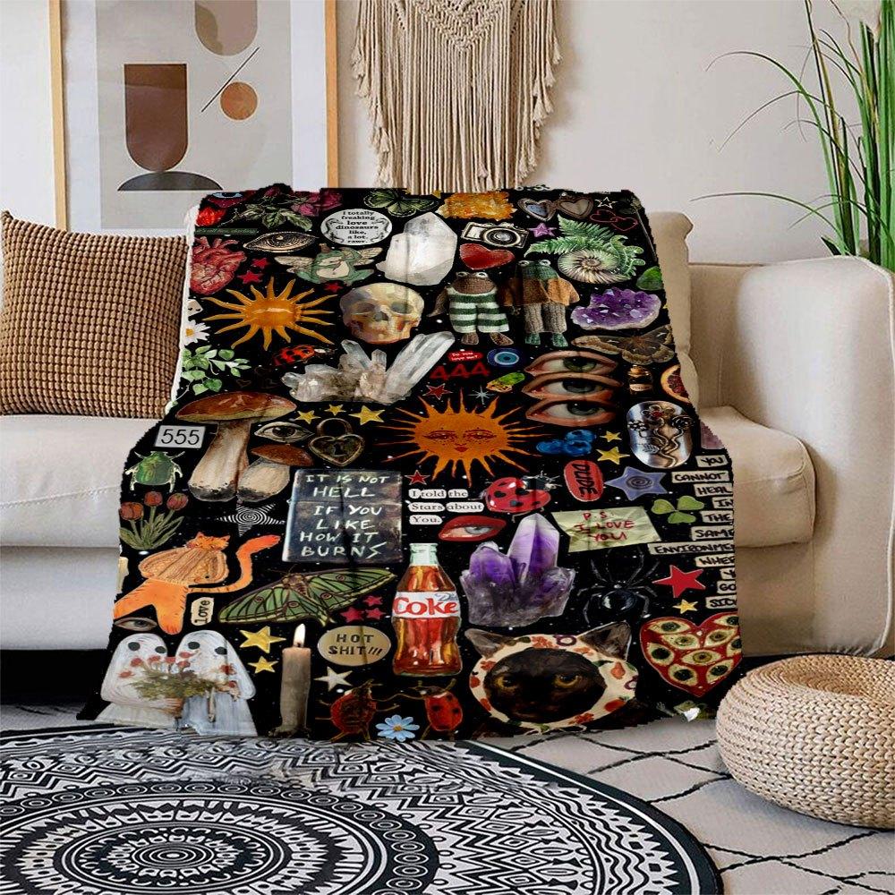 "Bohemian Vibes: Eclectic Collage Art Print"Blanket Flannel Throw Blanket for Sofa, Bed, Travel, Camping, Office