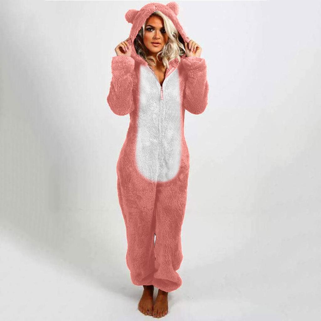 Women's Fashion Fleece-Lined Thickened Fleece Hooded Pyjamas With Zip-Up Onesie